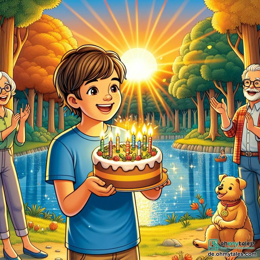 Une illustration sous forme de dessin destinée aux enfants représentant un charmant petit teich scintillant sous le soleil couchant, entouré de grands arbres aux feuilles dorées, où un garçon de 11 ans aux cheveux châtains et aux yeux pétillants, vêtu d'un t-shirt bleu et d'un short, souffle joyeusement sur les bougies d'une grande gâteau d'anniversaire décoré de couleurs vives, tandis qu'une fille de son âge, avec des cheveux blonds et des lunettes, applaudit avec enthousiasme, et des voisins souriants, un couple âgé avec un petit chien et une famille avec des enfants, s'assemblent autour d'eux, créant une atmosphère festive et chaleureuse de célébration et d'amitié.