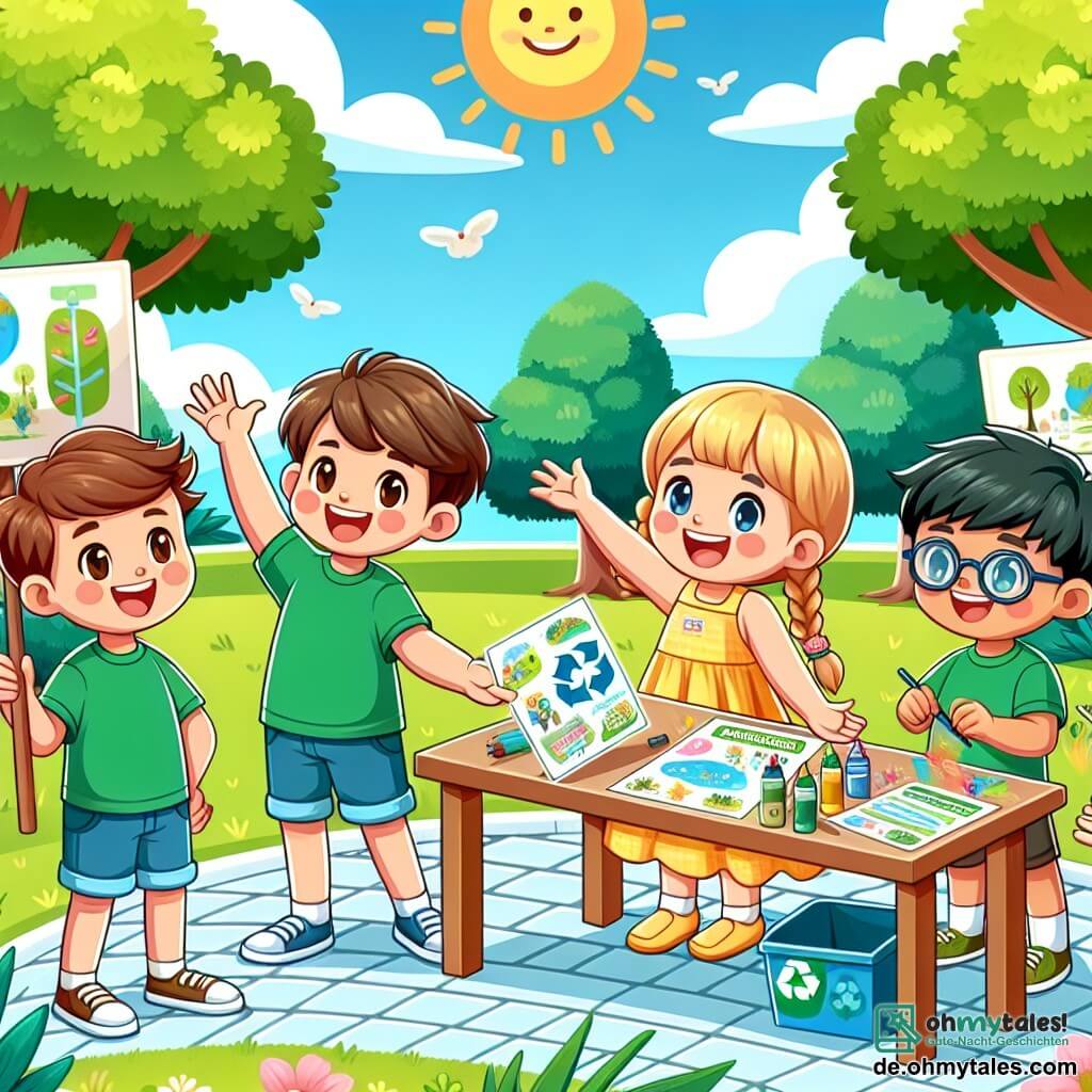 Illustration eines großen, grünen Parks im Sommer mit einem gut gepflegten Rasen, majestätischen Bäumen mit strahlenden Blättern und einem blauen Himmel, der mit einigen weißen Wolken durchzogen ist. In der Mitte steht eine Gruppe von vier Kindern um einen Tisch, der mit bunten Zeichnungen und Informationsschildern über die Umwelt dekoriert ist. Ein etwa 10-jähriger Junge mit zerzausten braunen Haaren trägt ein grünes T-Shirt und eine blaue Shorts und lächelt, während er ein Schild mit einer Botschaft zum Schutz der Natur hält. Neben ihm steht ein 9-jähriges Mädchen mit geflochtenen blonden Haaren in einem gelben Kleid, das begeistert die Arme in die Luft hebt, als wolle sie andere zur Teilnahme ermutigen. Ein weiterer Junge, 11 Jahre alt, mit Brille und schwarzen Haaren, beugt sich über den Tisch und zeichnet einen Plan für ein Spiel zum Thema Recycling. Schließlich verteilt ein 10-jähriges Mädchen mit braunen Haaren und Sonnenbrille mit einem großen Lächeln Broschüren an vorbeigehende Passanten. Die Szene vermittelt eine fröhliche und dynamische Atmosphäre, in der die Kinder aktiv daran arbeiten, Erwachsene und andere Kinder für die Bedeutung des Umweltschutzes zu sensibilisieren, umgeben von bunten Plakaten und Bildungsaktivitäten. Familien und neugierige Kinder nähern sich, angezogen von der positiven Energie und den angebotenen Aktivitäten.