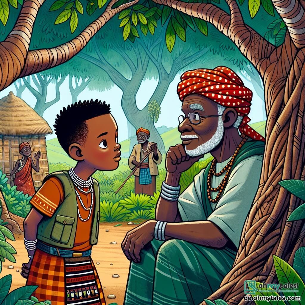 Une illustration destinée aux enfants représentant un jeune homme courageux, entouré de la nature luxuriante d'un village africain traditionnel, écoutant attentivement les murmures des arbres anciens, avec un sage vieil homme vêtu de façon simple à ses côtés, dans le village de Karibu, caché au cœur d'une forêt dense en Afrique.