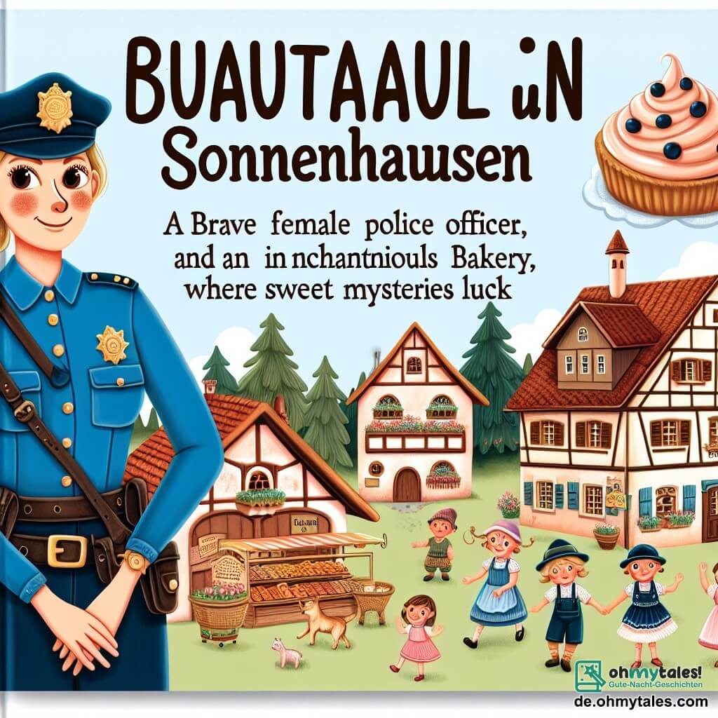 Une illustration destinée aux enfants représentant une courageuse policière, une boulangerie enchantée, des enfants joyeux et malicieux, dans la charmante petite ville de Sonnenhausen, où se cachent des mystères sucrés.
