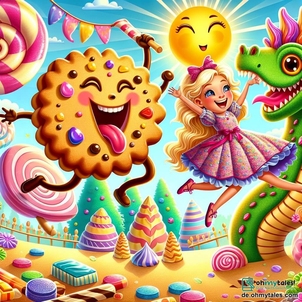 Une illustration sous forme de dessin destinée aux enfants représentant un parc coloré et ensoleillé du Zuckergarten, avec une fille de 11 ans aux cheveux blonds éclatants, vêtue d'une robe à motifs de bonbons, qui rit en sautant joyeusement au-dessus d'un immense keks vivant aux yeux en chocolat, tandis qu'un dragon en sucre, aux écailles scintillantes et à la queue en guimauve, danse autour d'eux, le tout dans une atmosphère ludique et absurde, où des fleurs en sucre et des arbres en chocolat ajoutent une touche de magie à cette scène d'aventure sucrée.