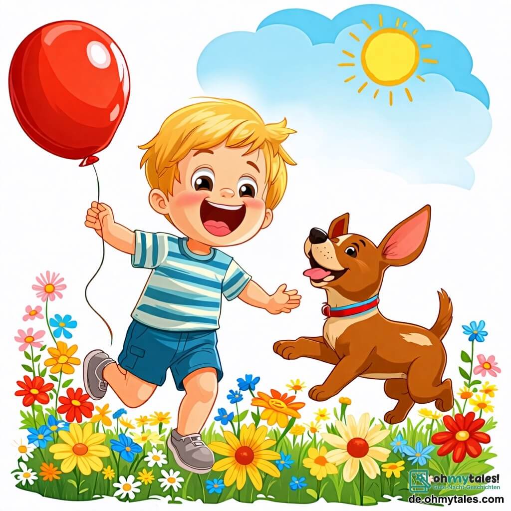 Une illustration sous forme de dessin destinée aux enfants représentant un jardin ensoleillé avec des fleurs colorées et un ciel bleu, où un petit garçon de 2 ans aux cheveux blonds et aux yeux pétillants rit joyeusement en jouant avec un ballon rouge, tandis qu'un petit chien aux poils bruns et aux grandes oreilles, son meilleur ami, court autour de lui en aboyant gaiement, illustrant ainsi la joie et l'insouciance de leur amitié.