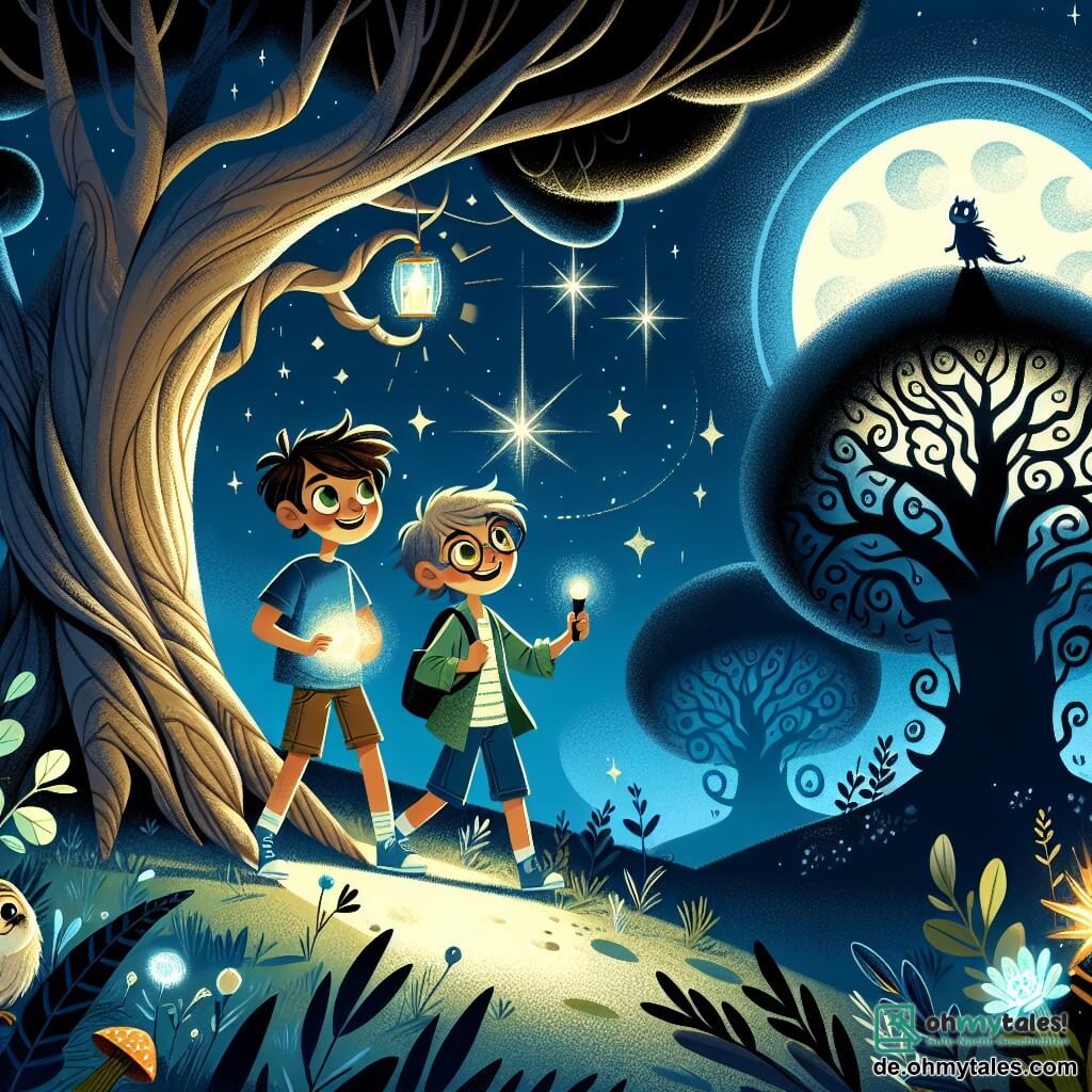 Illustration einer nächtlichen Szene in einem magischen Park, erleuchtet vom silbernen Licht des Mondes. Majestätische Bäume stehen aufrecht, ihre verdrehten Äste werfen tanzende Schatten auf den Boden, während funkelnde Sterne den dunklen Himmel übersäen. Im Mittelpunkt des Bildes steht ein 11-jähriger Junge mit zerzausten braunen Haaren und neugierigen Augen, ein leichtes Lächeln auf seinem Gesicht. Er trägt ein blaues T-Shirt und Shorts und hält eine kleine Taschenlampe, die seinen Weg beleuchtet. Neben ihm steht ein weiterer 11-jähriger Junge mit blonden Haaren und Brille, der fasziniert die Schatten der Bäume betrachtet, sein Gesicht von dem sanften Licht der Lampe erhellt. Die Hauptsituation zeigt die beiden Jungen, die mutig die Nacht erkunden, erfüllt von Aufregung und Neugier, während ein kleiner leuchtender Geist über ihnen schwebt und ein warmes Licht ausstrahlt, das die bedrohlichen Schatten vertreibt. Zusätzliche grafische Elemente sind Nachblumen, die im Mondlicht erblühen, und ein neugieriges kleines Tier, wie ein Igel, das die Jungen aus einem Gebüsch beobachtet.