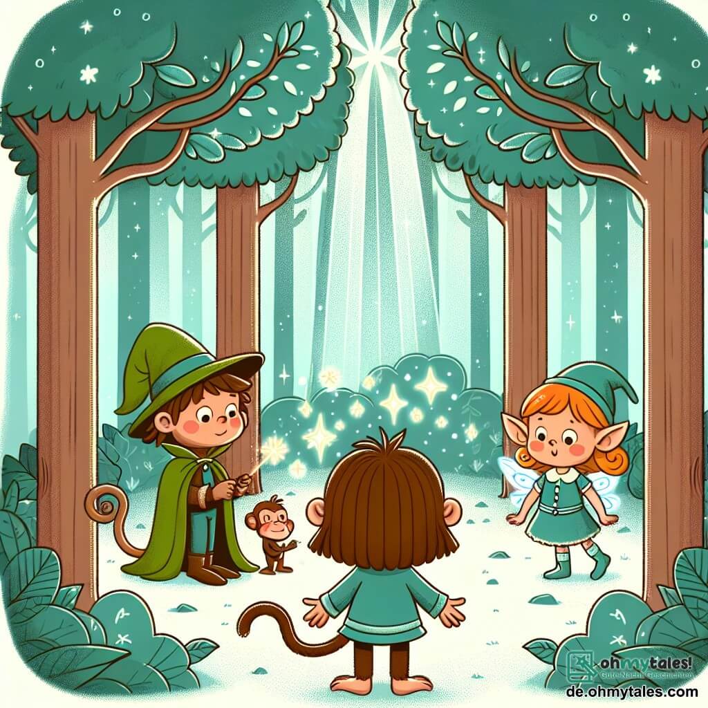 Une illustration destinée aux enfants représentant une jeune guenon malicieuse se retrouvant face à un mystérieux sorcier dans une forêt enchantée, accompagnée par une petite elfe étincelante, entourées de grands arbres aux feuilles scintillantes sous la lumière du soleil.
