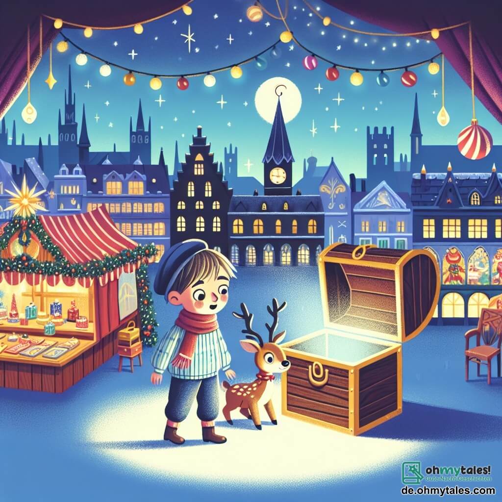 Une illustration destinée aux enfants représentant un garçon curieux découvrant une mystérieuse kiste dans sa chambre, accompagné d'un petit renne parlant, dans une ville illuminée par les décorations de Noël avec un marché féerique en arrière-plan.