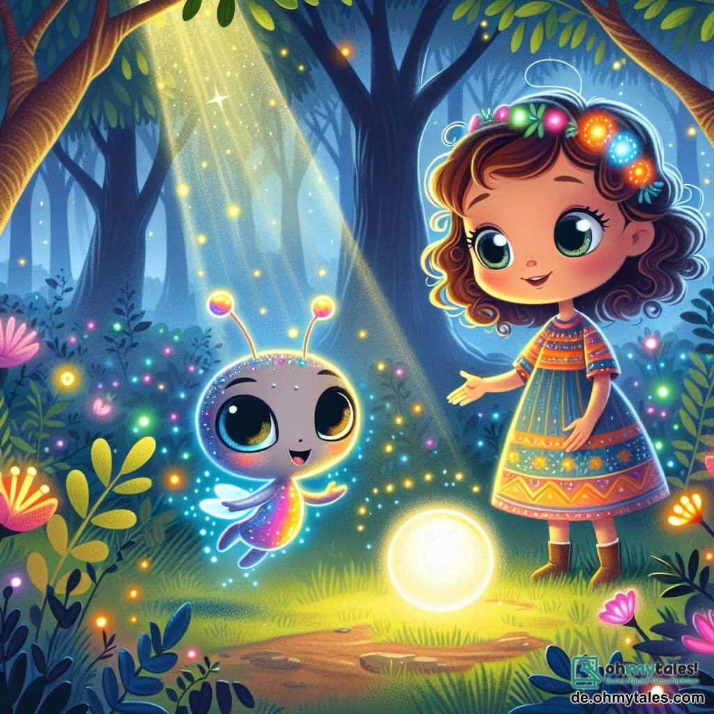Une illustration sous forme de dessin destinée aux enfants représentant une clairière magique dans un forêt lumineuse, où une fille de 11 ans aux cheveux bruns et bouclés, vêtue d'une robe colorée, observe avec émerveillement une petite créature extraterrestre aux grands yeux ronds et à la peau scintillante, qui flotte joyeusement autour d'une sphère lumineuse, tandis qu'en arrière-plan, des arbres aux feuilles multicolores et des fleurs éclatantes ajoutent une touche de féérie à cette rencontre intergalactique pleine de curiosité et d'amitié.
