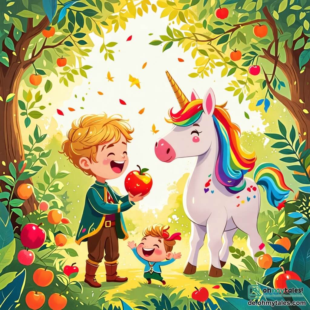 Une illustration sous forme de dessin destinée aux enfants représentant un jardin secret éclatant de couleurs vives, où un prince aux cheveux blonds ensoleillés et aux yeux pétillants, riant aux éclats tout en tenant une fruit scintillant, est entouré de son amie, une belle licorne à la crinière arc-en-ciel, qui danse joyeusement, tandis qu'un petit kobold au nez rouge et souriant les observe avec amusement, tous célébrant ensemble la découverte des fruits enchantés qui rendent heureux.