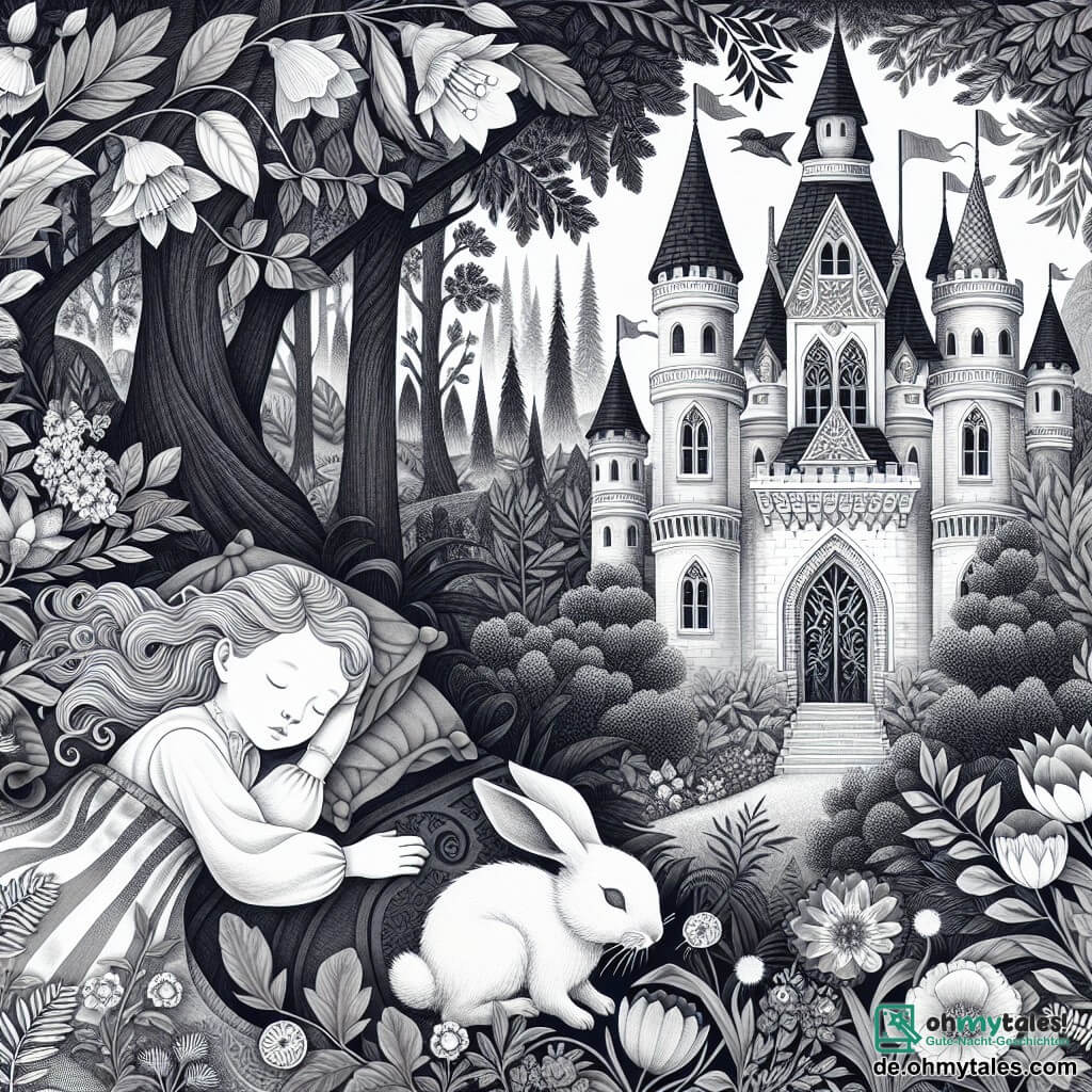 Une illustration destinée aux enfants représentant une jeune fille endormie dans un château enchanté, accompagnée d'un lapin blanc malicieux, se déroulant dans une forêt mystique aux arbres majestueux et aux fleurs colorées.