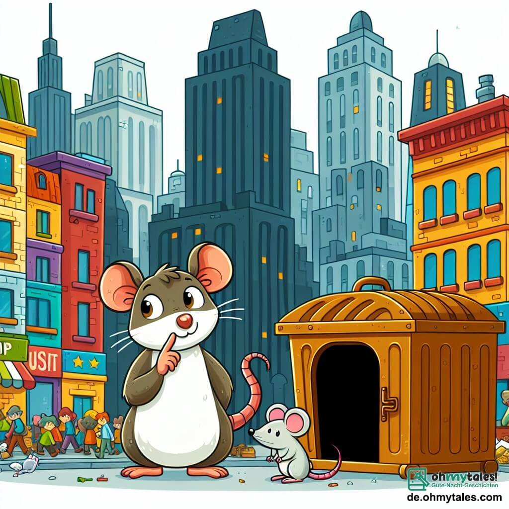 Une illustration destinée aux enfants représentant un jeune rat malin et curieux, une petite souris timide, dans une ville animée avec des hauts bâtiments colorés, des rues bondées et un vieux conteneur à ordures mystérieux.