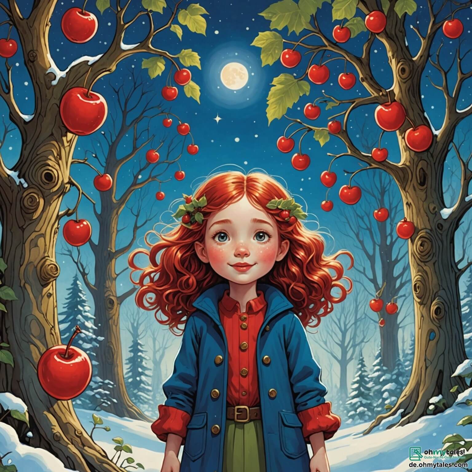 Une illustration destinée aux enfants représentant une jeune fille à la peau éclatante comme la neige fraîche, aux cheveux d'un noir profond comme la nuit étoilée, et aux lèvres rouges comme des cerises juteuses, se tenant courageusement au cœur d'une forêt enchantée où les arbres majestueux aux troncs noueux s'élèvent vers un ciel azur parsemé de nuages cotonneux, entourée de sept joyeux petits hommes aux visages ronds et souriants, qui, ensemble, luttent contre une sorcière maléfique à la voix rauque et aux yeux perçants, tandis qu'un doux rayon de soleil filtre à travers les feuillages, illuminant leur quête pour retrouver la joie perdue dans ce royaume magique.