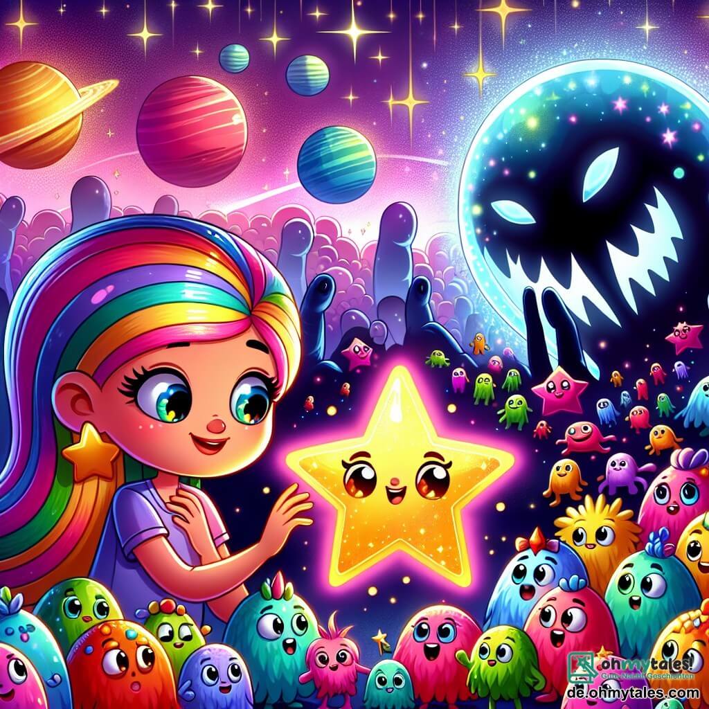 Une illustration sous forme de dessin destinée aux enfants représentant un paysage cosmique vibrant avec des planètes colorées et des nébuleuses scintillantes en arrière-plan, où une jeune femme aux cheveux arc-en-ciel et aux yeux brillants observe avec émerveillement un immense et scintillant étoile en forme de pierre, tandis qu'un petit robot en forme d'étoile, flottant à ses côtés, gesticule avec enthousiasme, et un groupe de créatures joyeuses aux formes étranges et aux couleurs vives, appelées Zappies, s'affairent autour d'eux, tous unis pour protéger le précieux étoile de l'intrusion d'un mystérieux sorcier en ombre qui plane au loin.