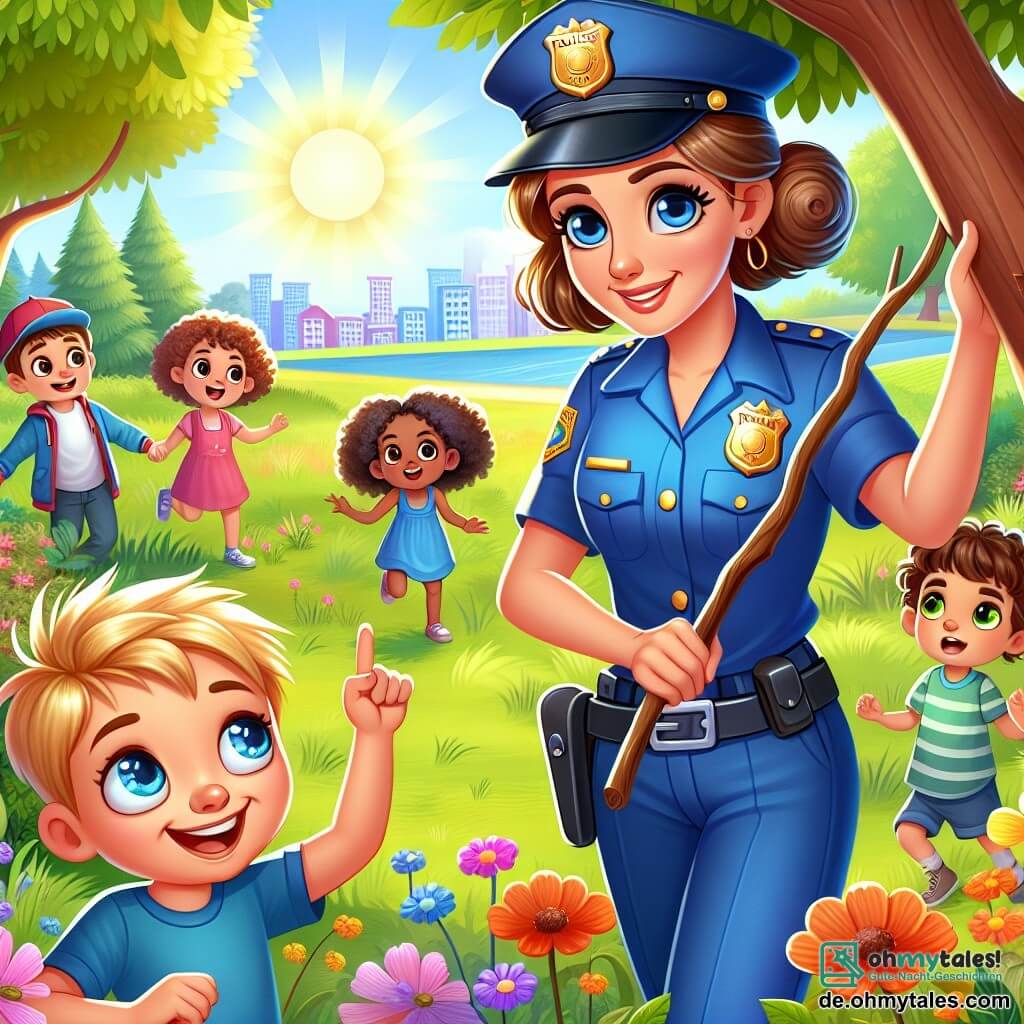 Une illustration sous forme de dessin destinée aux enfants représentant un parc ensoleillé avec des arbres verdoyants et des fleurs colorées, où une policière souriante aux cheveux bruns attachés en chignon, portant une uniforme bleu et un insigne brillant, aide un petit garçon aux cheveux blonds et aux yeux pétillants, qui tient un bâton pour essayer de récupérer un ballon coincé dans un arbre, tandis qu'un groupe d'enfants curieux, dont une fille aux cheveux bouclés et un garçon avec une casquette, les regarde avec enthousiasme, illustrant un moment de camaraderie et d'entraide.
