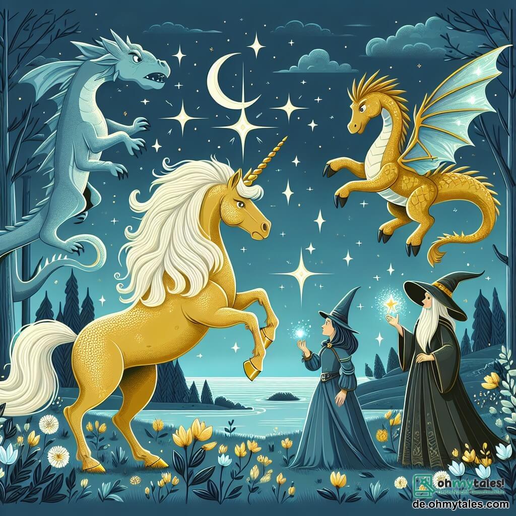 Une illustration destinée aux enfants représentant une magnifique licorne dorée, courageuse et sage, faisant face à une sorcière maléfique, dans une clairière enchantée aux arbres aux feuilles argentées et aux fleurs lumineuses, accompagnée de son fidèle ami dragon, protecteur des lieux.