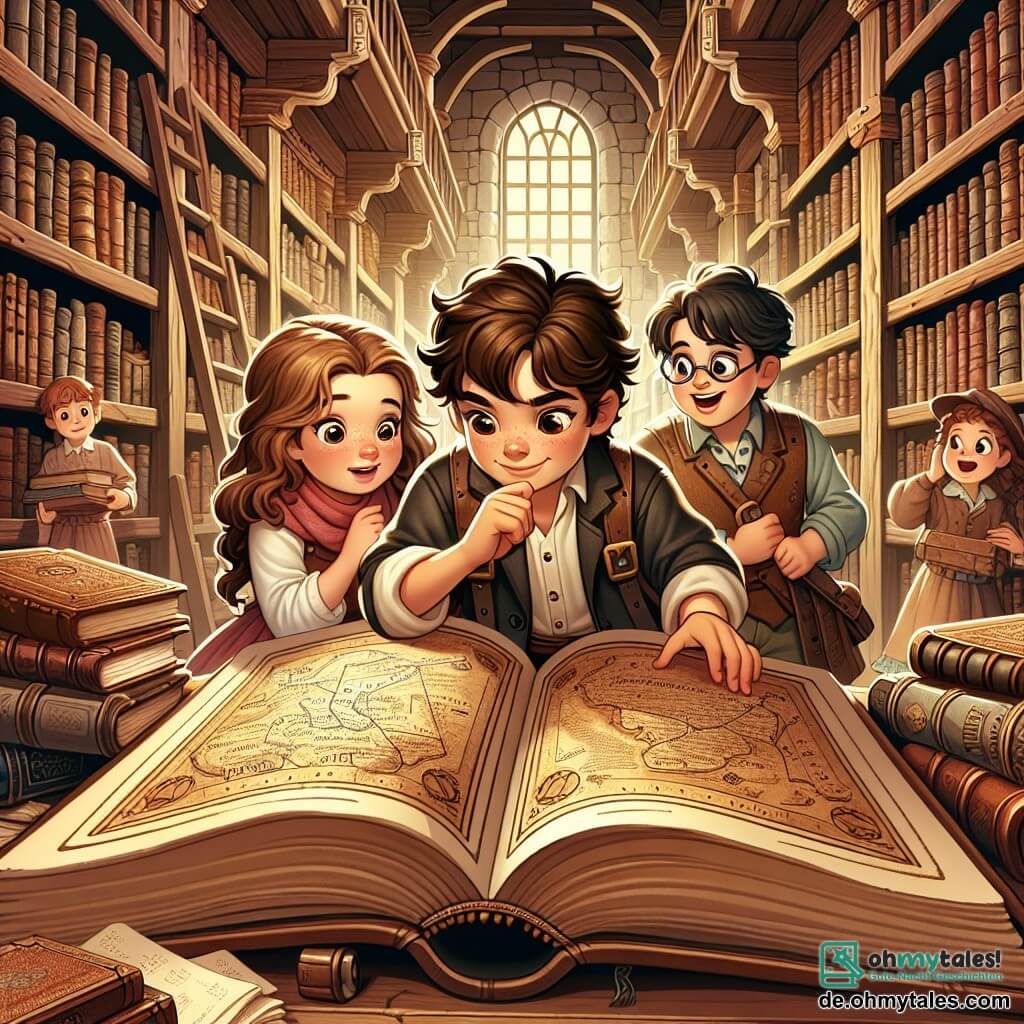 Une illustration sous forme de dessin destinée aux enfants représentant l'intérieur d'une vieille bibliothèque aux murs en bois, remplie de livres poussiéreux et de rayonnages hauts, où un garçon de 9 ans aux cheveux bouclés et aux yeux pétillants, penché sur un grand livre ancien, découvre une carte mystérieuse, tandis qu'une fille aux longs cheveux bruns, curieuse et enthousiaste, l'observe avec un sourire, et un garçon aux lunettes, un peu timide, se tient à l'écart, regardant avec émerveillement, tous trois plongés dans une aventure pour résoudre le mystère d'un trésor caché.