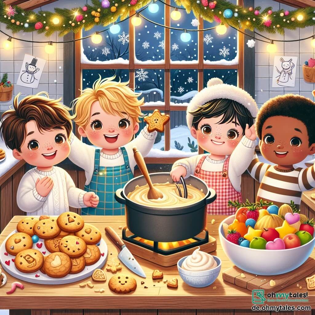 Illustration einer festlichen Szene in einer gemütlichen Holzküche, dekoriert mit bunten Lichtergirlanden und Schneemotiven an den Wänden. In der Mitte steht ein großer Holztisch, beladen mit köstlichen Leckereien: einem Teller mit goldenen Keksen, einer großen Schüssel cremigem Pudding und einer schönen Schale mit bunten, stern- und herzförmigen Früchten. Links springt ein dreijähriger Junge mit zerzausten braunen Haaren und strahlendem Lächeln vor Freude in die Luft, die Arme hoch erhoben. Rechts hält ein anderer dreijähriger Junge mit blonden Haaren und funkelnden Augen einen Keks in einer Hand und applaudiert begeistert. In der Mitte rührt ein dreijähriger Junge mit braunen Haaren und Sommersprossen konzentriert, aber glücklich den Pudding in einem großen Topf. Schließlich schneidet ein dreijähriger Junge mit schwarzen Haaren und Brille mit einem kleinen Messer Früchte und zeigt einen stolzen Gesichtsausdruck. Die Hauptsituation zeigt die vier Freunde, die alle fröhlich und aufgeregt sind, während sie eine Überraschung für ihre Familien zum Neujahr vorbereiten, umgeben von Lachen und guter Laune. Bunte Konfetti schweben in der Luft und verleihen dieser fröhlichen und festlichen Szene einen Hauch von Magie.