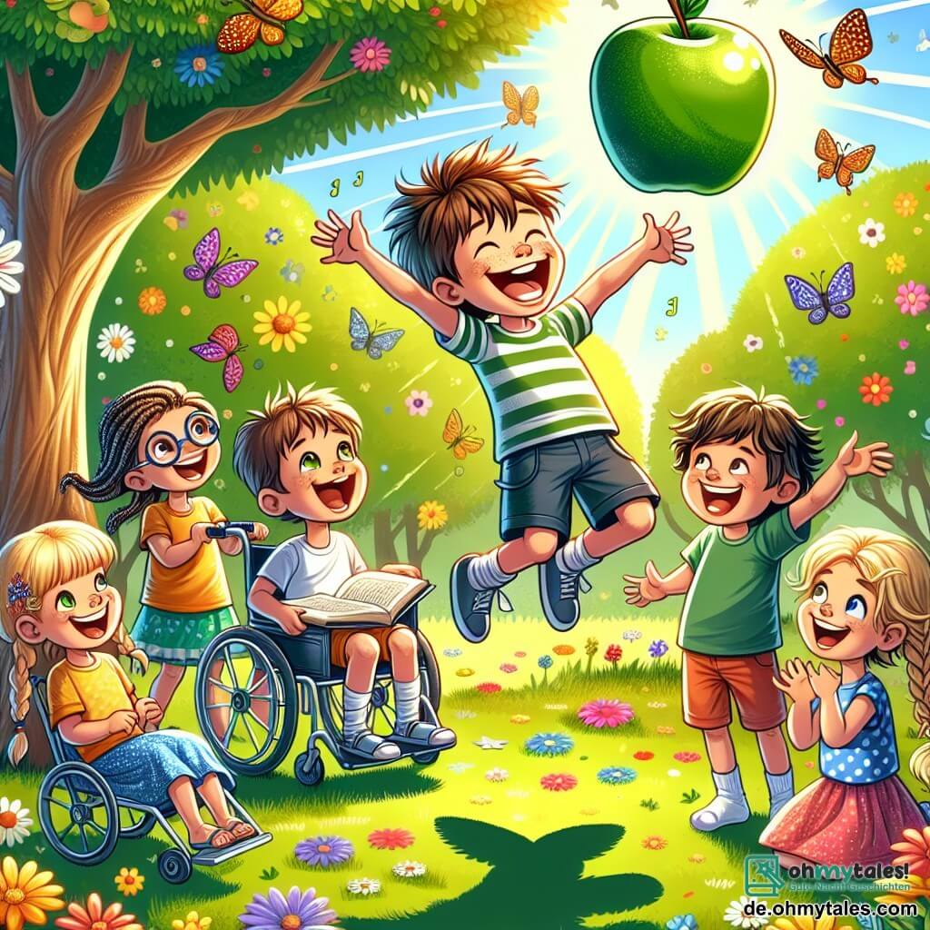 Illustration eines sonnigen Parks, gefüllt mit bunten Blumen und Bäumen mit leuchtend grünen Blättern. In der Mitte spielt eine Gruppe von Kindern: Ein etwa 8-jähriger Junge mit zerzausten braunen Haaren und einem gestreiften T-Shirt schwebt fröhlich in der Luft und lacht laut, während ein etwa 7-jähriges Mädchen mit geflochtenen blonden Haaren und einem gepunkteten Kleid ihn mit weit aufgerissenen Augen anblickt und über die Situation lacht. Neben ihnen lächelt ein etwa 9-jähriger Junge im Rollstuhl und hält ein offenes Buch, während ein weiteres etwa 8-jähriges Mädchen mit lockigem Haar und bunten Shorts die Arme in die Luft hebt, als würde sie den Jungen anfeuern. Im Hintergrund wirft ein majestätischer Baum einen sanften Schatten, und ein seltsamer, leuchtend grüner Apfel schwebt leicht über dem Boden und verleiht der Szene einen Hauch von Magie. Die Kinder sind von bunten Schmetterlingen und singenden Vögeln umgeben, was eine fröhliche und verspielte Atmosphäre schafft.