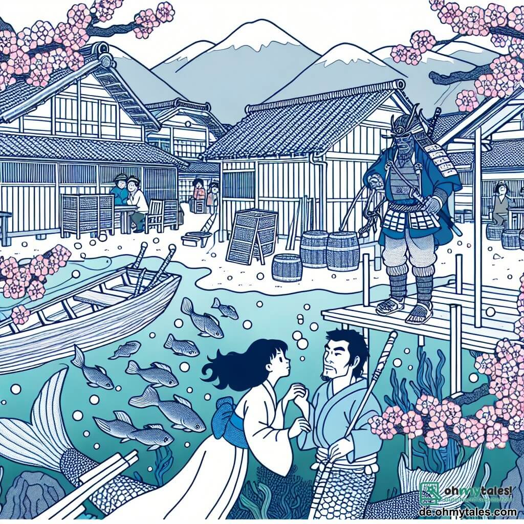 Une illustration destinée aux enfants représentant un homme courageux et bienveillant, rencontrant une princesse de la mer sous l'eau, dans un petit village de pêcheurs au Japon, entouré de maisons traditionnelles en bois et de cerisiers en fleurs.