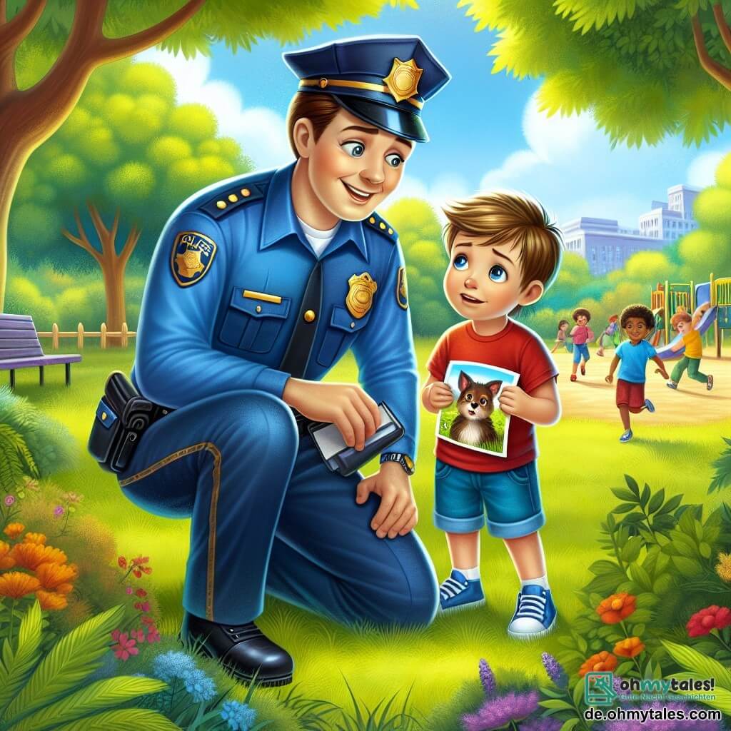 Eine Illustration zeigt eine lebhafte Szene in einem sonnigen Park, der mit üppigem Grün und bunten Blumen gefüllt ist. In der Mitte kniet ein etwa dreißigjähriger Polizist in einer leuchtend blauen Uniform mit einem Polizeihut und einem warmen Lächeln, um mit einem kleinen Jungen zu sprechen. Der Polizist hat braune Haare, funkelnde Augen und eine freundliche Haltung und hält ein kleines Notizbuch in einer Hand. Neben ihnen steht ein etwa 8-jähriger Junge mit blonden Haaren und blauen Augen, der ein rotes T-Shirt und eine blaue Shorts trägt. Er sieht besorgt, aber hoffnungsvoll aus und hält ein Foto seines kleinen Hundes in den Händen. Die Hauptsituation zeigt den Polizisten, der aufmerksam dem Jungen zuhört, der erklärt, dass sein Hund verschwunden ist. Im Hintergrund spielen andere Kinder fröhlich auf dem Spielplatz, während majestätische Bäume Schatten spenden und Vögel in den Ästen singen. Bunte Ballons schweben in der Luft und verleihen dieser Szene von Kameradschaft und Unterstützung eine fröhliche Note.