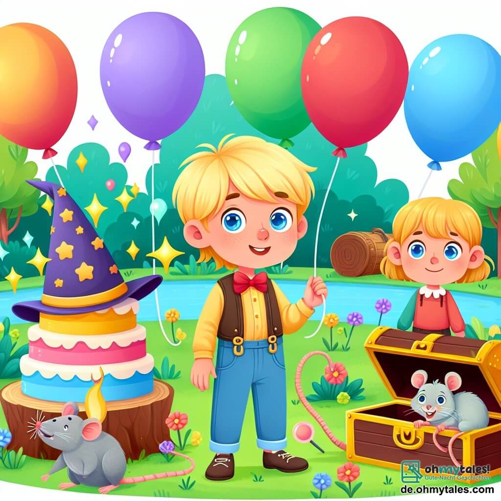 Une illustration destinée aux enfants représentant un petit garçon blond aux yeux bleus, entouré de ses amis Max et Lena, découvrant un jardin magique rempli de ballons colorés, d'une grande table avec un gâteau en forme de chapeau de magicien, et d'une mystérieuse truhe où se cache un rat magicien.