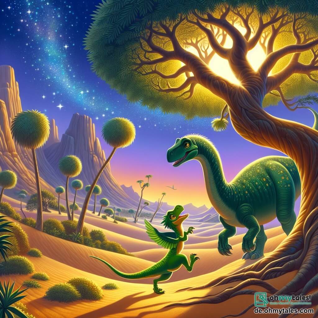 Eine Illustration zeigt eine wunderschöne Szene in einem alten Wüstental, wo große Bäume mit üppig grünen Blättern zwischen goldenen Sanddünen stehen. Im Vordergrund beugt sich ein majestätischer Diplodocus mit einem langen, grazilen Hals und einer grün gefleckten Haut, um hohe Blätter an einem Baum zu erreichen, mit einem neugierigen und fröhlichen Blick. Neben ihm springt ein kleiner, farbenfroher Velociraptor mit lebhaften Augen und einem schelmischen Ausdruck vor Freude und beobachtet bewundernd seinen Freund. Gemeinsam entdecken sie im Hintergrund eine funkelnde Höhle, in der leuchtende Kristalle und Edelsteine die Dunkelheit erhellen und eine magische Atmosphäre schaffen. Sterne beginnen im Dämmerungshimmel zu erscheinen, was diesem aufregenden Abenteuer eine geheimnisvolle Note verleiht.