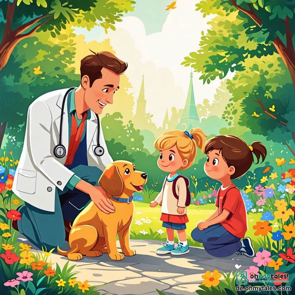 Une illustration sous forme de dessin destinée aux enfants représentant un parc ensoleillé avec des arbres verdoyants et des fleurs colorées, où un homme au sourire chaleureux, portant une blouse blanche et un stéthoscope autour du cou, examine un chien aux grandes oreilles, tandis qu'une petite fille aux cheveux bruns et une petite garçon aux cheveux blonds, tous deux curieux et inquiets, regardent avec attention la scène, illustrant le moment où le médecin aide le chien malade à retrouver la santé.