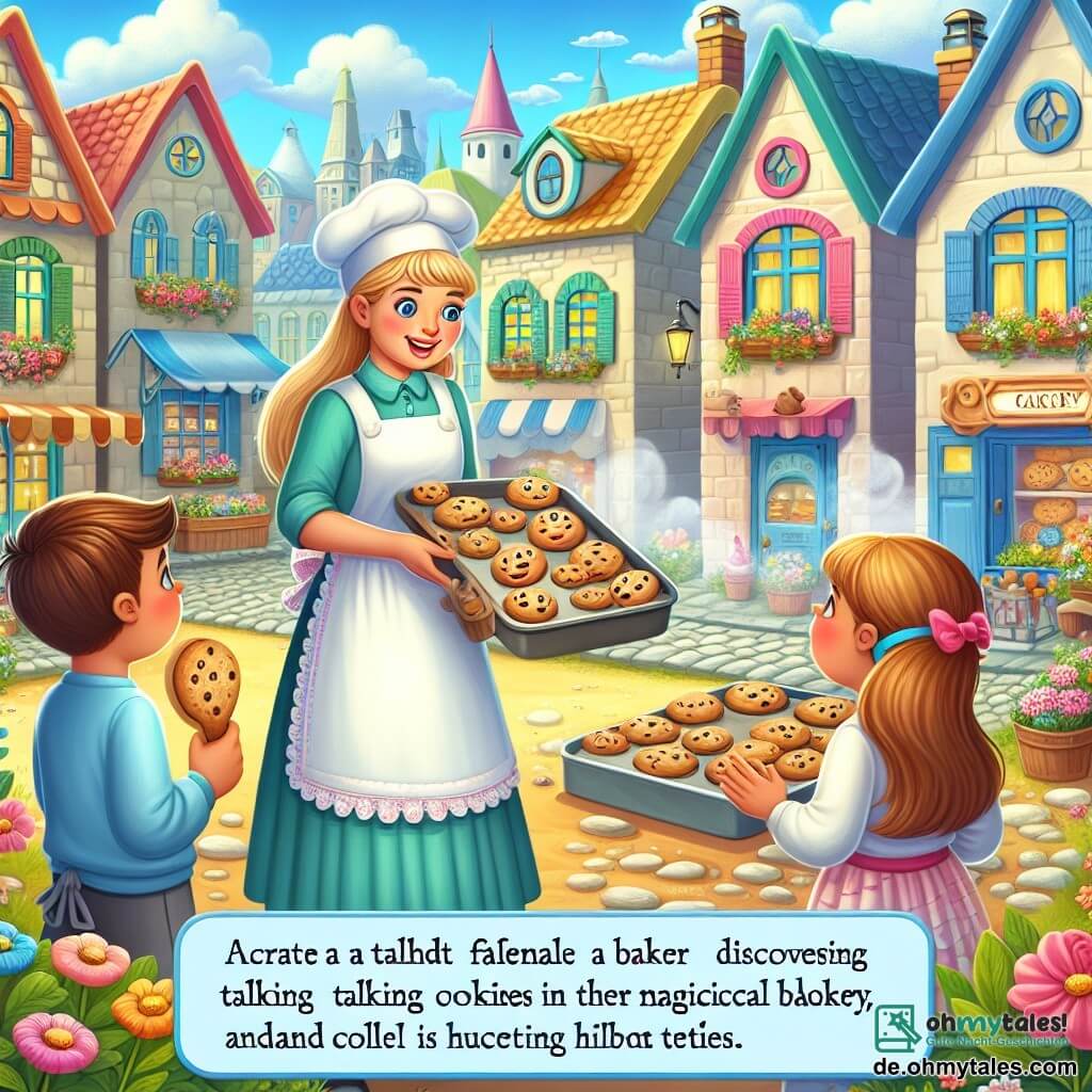 Une illustration destinée aux enfants représentant une talentueuse femme boulangère découvrant des cookies parlants dans sa boulangerie magique, accompagnée de deux enfants, un garçon et une fille, dans un village pittoresque aux maisons colorées et aux rues pavées, rempli de fleurs et de sourires.
