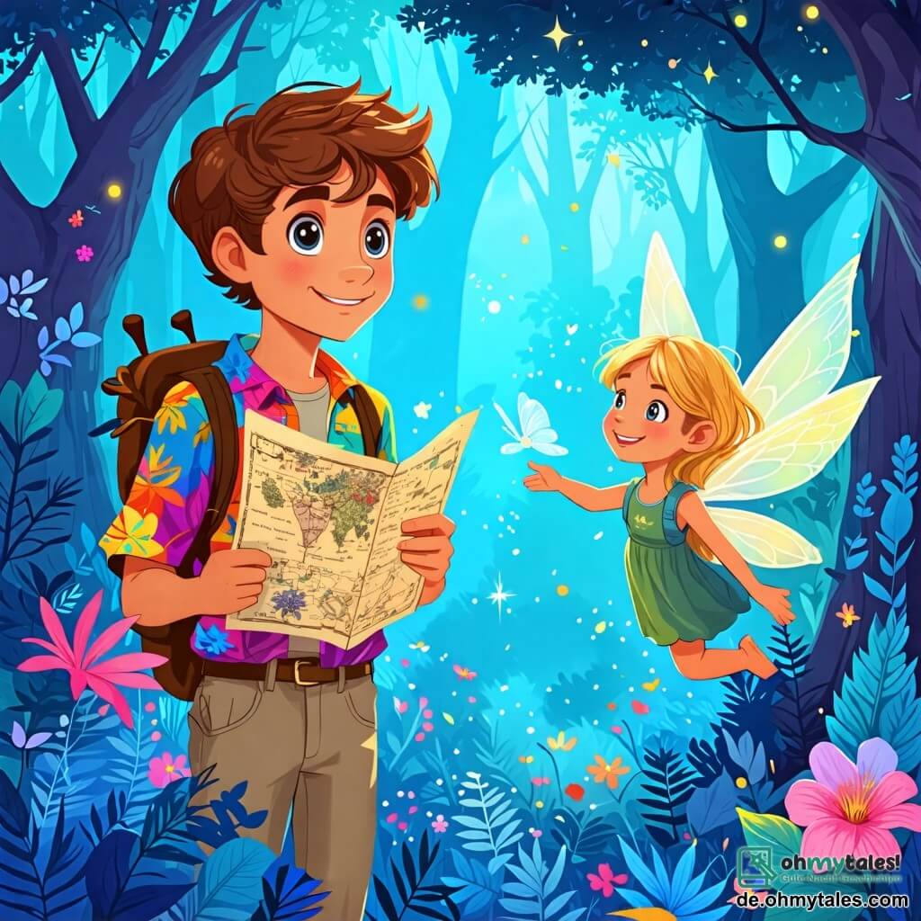 Une illustration sous forme de dessin destinée aux enfants représentant un vaste et magique forêt de Fantasia, avec des arbres aux feuilles bleu vif et des fleurs éclatantes, où un jeune homme aux cheveux bruns et aux yeux pétillants, vêtu d'une chemise colorée et d'un pantalon en toile, se tient courageusement avec un sourire déterminé, tenant une vieille carte dans ses mains, tandis qu'à ses côtés, une petite fée aux ailes scintillantes et aux cheveux dorés, flottant joyeusement, l'encourage avec un regard pétillant, alors qu'ils se préparent à affronter le sombre sorcier Malakar, qui se profile en arrière-plan avec un air menaçant, enveloppé dans un long manteau noir, créant une atmosphère d'aventure et de magie.