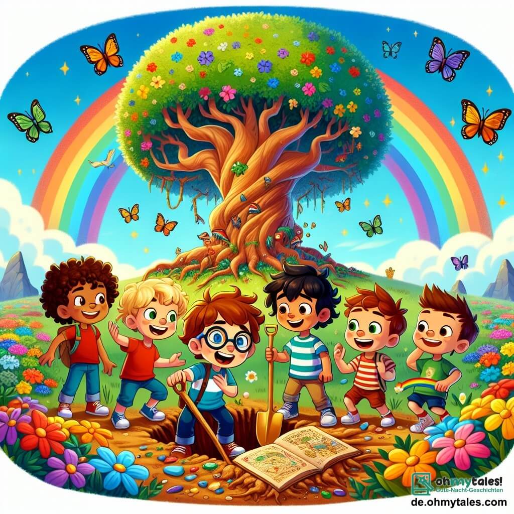 Eine Illustration zeigt eine magische Szene auf der Regenbogeninsel. Im Mittelpunkt steht ein großer Baum mit bunten Blättern, dessen Äste sich wie einladende Arme ausbreiten, umgeben von leuchtenden Blumen und tanzenden Schmetterlingen. Fünf Jungen im Alter von etwa 8 bis 10 Jahren stehen vor dem Baum. Einer von ihnen, mit braunen Haaren und Brille, schaut mit leuchtenden Augen auf die Schatzkarte. Ein anderer, mit blonden Locken, lächelt breit und hält eine Holzschaufel. Ein dritter, mit schwarzen Haaren und rotem T-Shirt, zeigt auf den Boden, ungeduldig, mit dem Graben zu beginnen. Der vierte, mit braunen Haaren und einem Strohhut, beobachtet den Himmel, während der fünfte, mit rasiertem Kopf und gestreifter Bluse, sich hinkniet, um ein kleines, buntes Wesen zu betrachten, das sie begleitet. Die Hauptsituation zeigt die Jungen in Aktion, bereit, den Schatz unter den Wurzeln des Baumes zu entdecken. Im Hintergrund beobachtet ein kleiner Drache mit schimmernden Schuppen und ausgebreiteten Flügeln sie wohlwollend und verleiht der Szene einen Hauch von Magie. Sonnenstrahlen filtern durch die Blätter und tauchen das Bild in goldenes Licht, während bunte Vögel umherfliegen und eine fröhliche, abenteuerliche Atmosphäre schaffen.