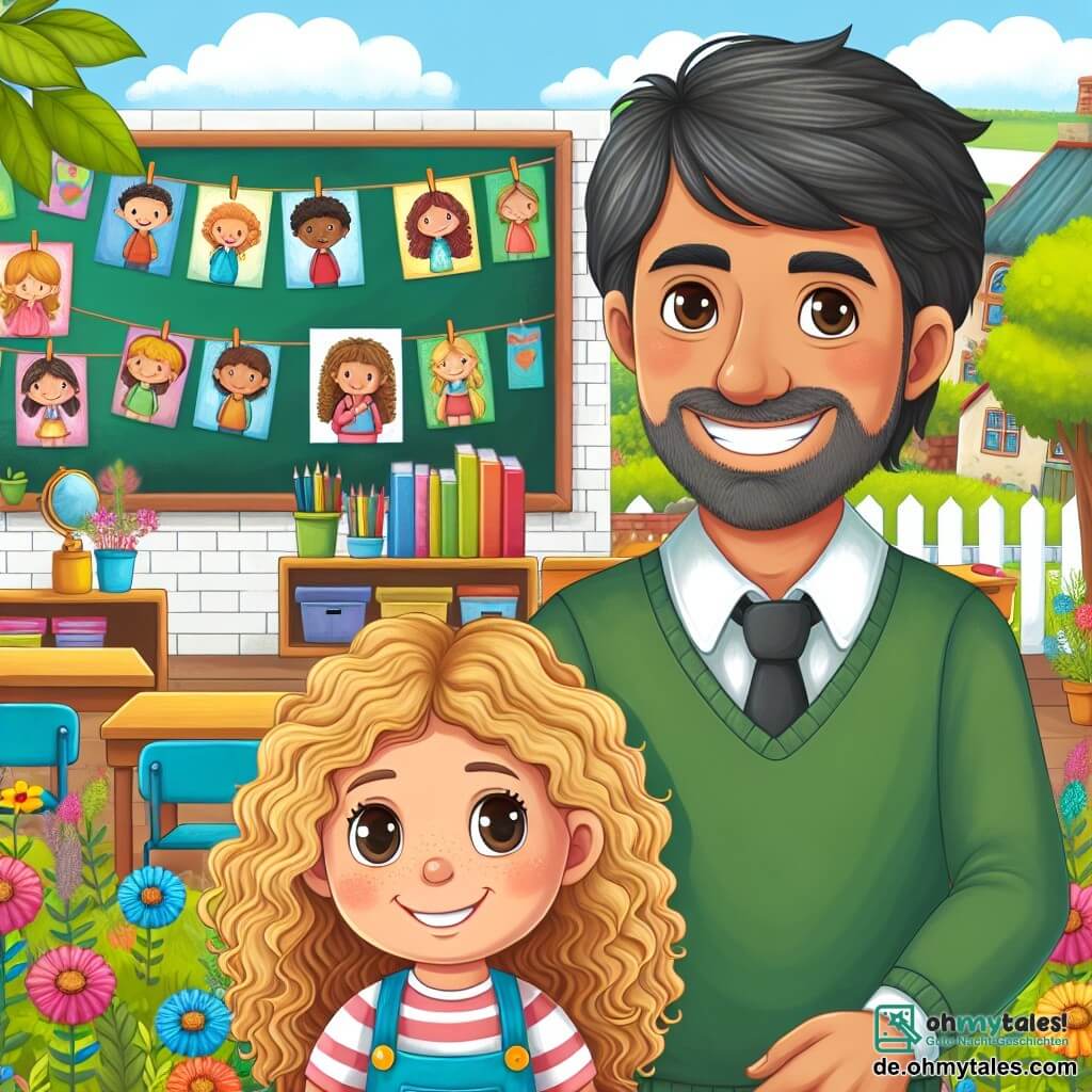 Une illustration destinée aux enfants représentant un instituteur bienveillant et souriant, accompagné d'une petite fille aux boucles dorées, dans une salle de classe lumineuse et colorée avec des dessins joyeux accrochés aux murs et des plantes vertes égayant l'espace, située dans un village paisible entouré de verdure et de fleurs multicolores.