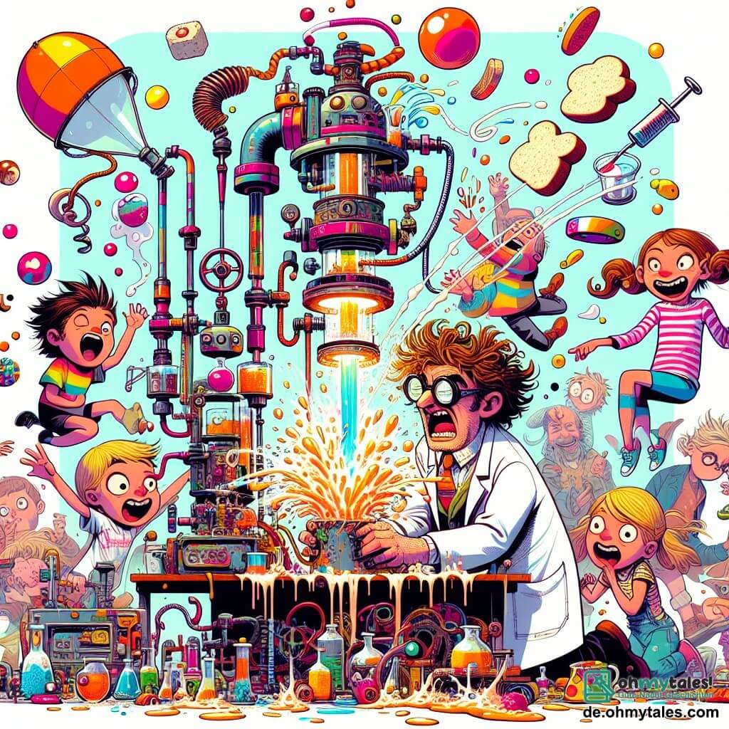 Une illustration sous forme de dessin destinée aux enfants représentant un laboratoire coloré et chaotique rempli d'inventions farfelues, avec un homme aux cheveux ébouriffés et aux lunettes rondes, vêtu d'une blouse blanche, qui s'active autour d'une machine complexe en essayant de contrôler un geyser d'eau qui jaillit d'un appareil, tandis qu'un groupe de jeunes enfants curieux, dont une fille aux couettes et un garçon en t-shirt rayé, rit et tente d'attraper des tranches de pain qui volent dans les airs, symbolisant le joyeux désordre de ses expériences.