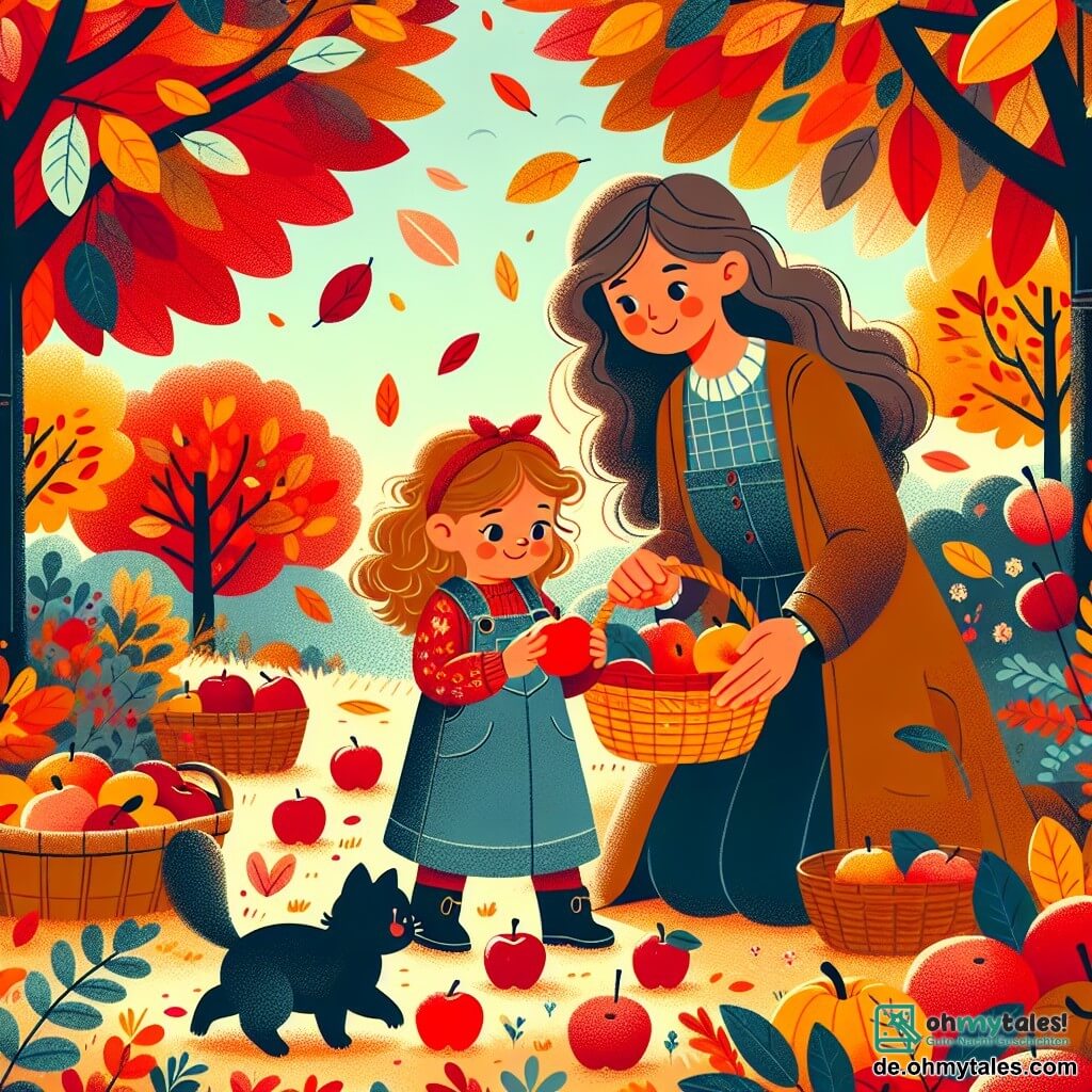 Une illustration sous forme de dessin destinée aux enfants représentant un jardin d'automne coloré avec des feuilles rouges, jaunes et oranges tombant des arbres, où une petite fille de 2 ans aux cheveux bouclés et blonds, vêtue d'une salopette en jean, sourit joyeusement en ramassant des pommes dans un panier, tandis qu'une maman au long manteau marron et aux cheveux châtains l'observe avec un sourire tendre, et un petit chat noir joue parmi les feuilles, le tout évoquant une atmosphère chaleureuse et festive de récolte.