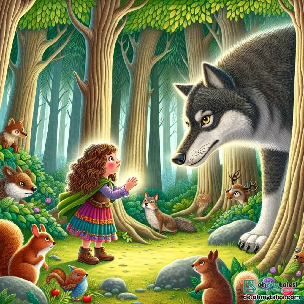 Une illustration sous forme de dessin destinée aux enfants représentant une forêt enchantée, avec de grands arbres aux troncs épais et des feuilles vertes brillantes, où une fille de 9 ans aux cheveux bouclés et châtains, vêtue d'une robe colorée, se tient courageusement face à un grand loup gris aux yeux perçants, qui semble intrigué plutôt que menaçant, tandis qu'autour d'eux, des animaux du bois comme des écureuils curieux et des oiseaux colorés les observent, illustrant le moment où la petite fille tente de convaincre le loup de changer sa nature et de devenir un protecteur du bois.