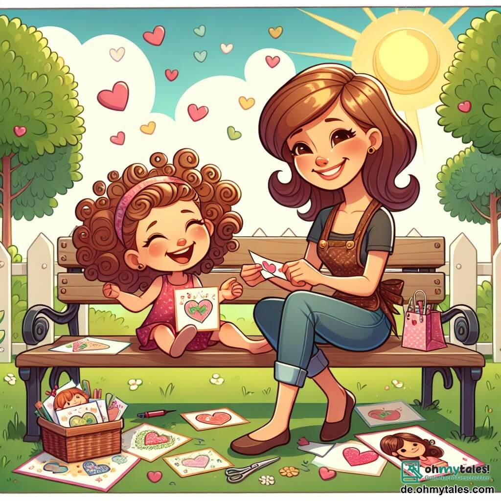 Une illustration sous forme de dessin destinée aux enfants représentant une scène colorée dans un parc ensoleillé, où une petite fille de 5 ans aux cheveux bouclés et au sourire radieux est assise sur un banc, entourée de cartes faites main avec des cœurs et des dessins, tandis qu'une femme souriante, sa maman, aux cheveux châtains et portant un tablier, les observe avec fierté, et une petite fille aux cheveux lisses et bruns, sa meilleure amie, se joint à elles en tenant une carte, le tout évoquant la joie et l'amour de la fête des mères.
