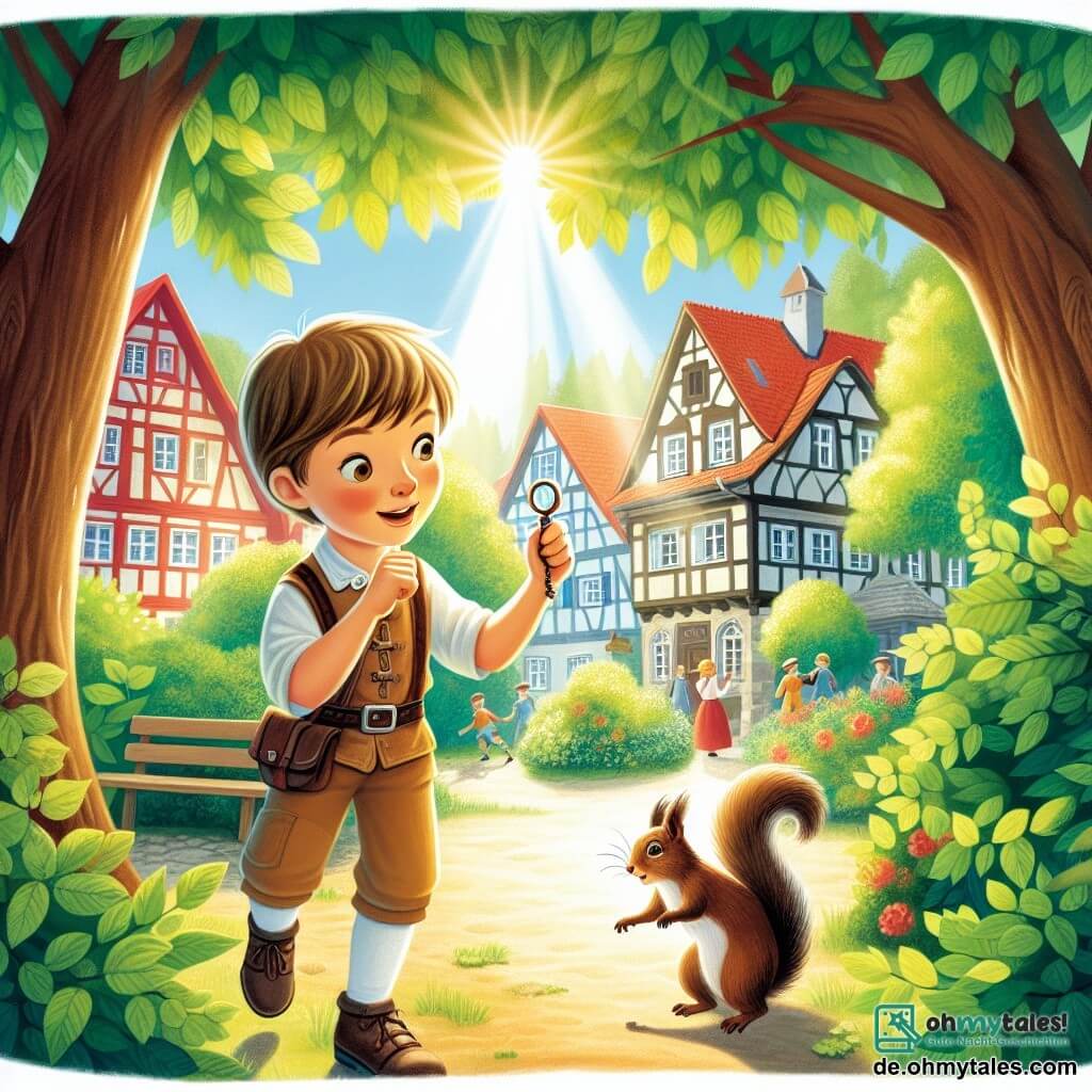 Une illustration destinée aux enfants représentant un petit garçon curieux résolvant un mystère avec l'aide d'une sage dame écureuil dans un charmant parc ensoleillé de la petite ville de Sonnenfeld.