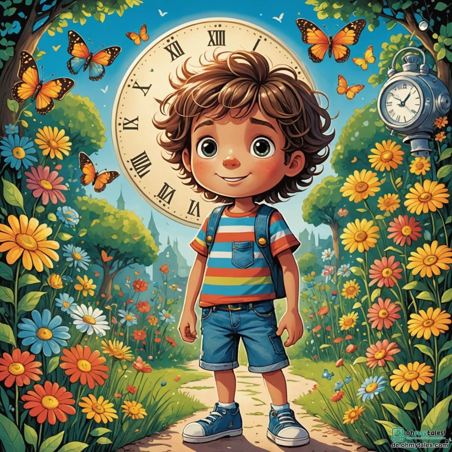 Une illustration destinée aux enfants représentant un petit garçon aux yeux pétillants et à la chevelure ébouriffée, vêtu d'une chemise à rayures colorées et d'un short en jean, se tenant avec émerveillement dans un jardin ensoleillé, entouré de fleurs éclatantes et de papillons virevoltants, alors qu'il découvre une mystérieuse horloge brillante qui l'entraîne dans un voyage fantastique à travers le temps, où il rencontre un robot amical aux yeux lumineux et au corps argenté, qui devient son guide dans un monde futuriste rempli de forêts luxuriantes, de créatures extraordinaires et de machines étonnantes, tout en cherchant à arrêter un méchant scientifique qui menace de dérégler l'équilibre du temps.