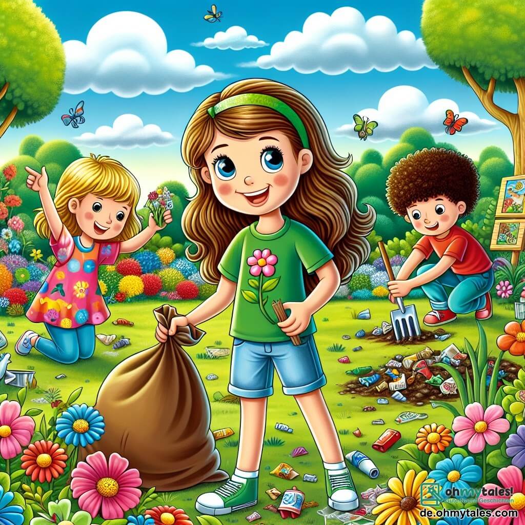 Illustration eines bunten und sonnigen Gartens, gefüllt mit leuchtenden Blumen in allen Farben, großen grünen Bäumen und einer kleinen, noch unordentlichen Ecke mit verstreutem Müll. In der Mitte eine Gruppe von drei Kindern: ein 11-jähriges Mädchen mit langen braunen Haaren, lächelnd und enthusiastisch, trägt ein grünes T-Shirt und eine Jeansshorts, hebt mit einer Hand einen Müll auf, während sie mit der anderen ihren Freunden den Garten zeigt. Neben ihr ein weiteres 11-jähriges Mädchen mit lockigem blonden Haar, gekleidet in einem bunten Kleid, das einen Sack zum Einsammeln von Müll hält und bewundernd die Arbeit ihrer Freundin betrachtet. Ein 11-jähriger Junge mit kurzen braunen Haaren, der ein blaues T-Shirt trägt, hockt und sammelt mit einem entschlossenen Ausdruck im Gesicht Müll auf. Im Hintergrund sind Gartengeräte, Handschuhe und Holztafeln mit Zeichnungen von Tieren und Pflanzen zu sehen, die die Bedeutung des Umweltschutzes symbolisieren.