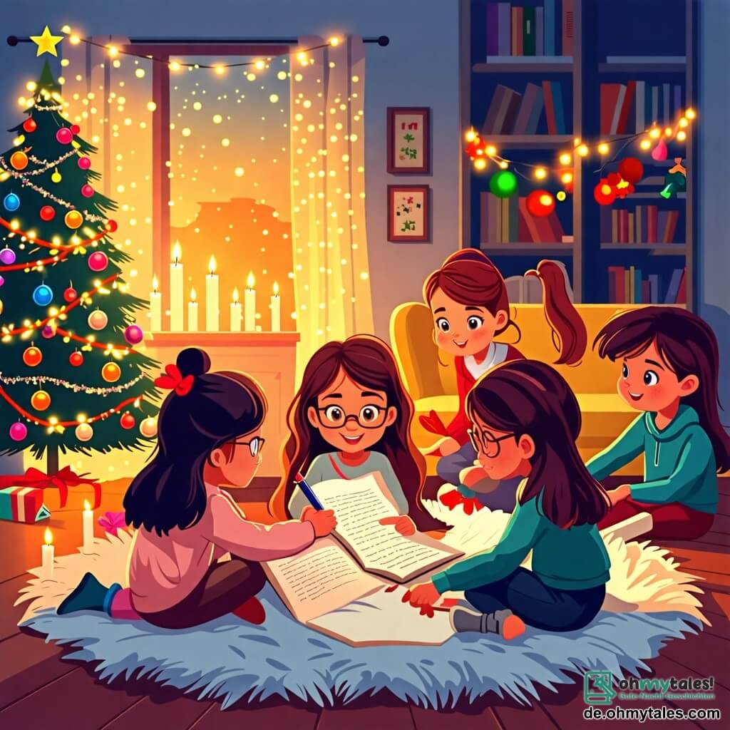 Illustration einer warmen Szene in einem für das neue Jahr dekorierten Wohnzimmer. Der Raum ist mit funkelnden Lichtern gefüllt, in einer Ecke steht ein großer, beleuchteter Weihnachtsbaum, dazu farbige Girlanden und Kerzen, die eine festliche Atmosphäre schaffen. Im Mittelpunkt des Bildes sitzen vier etwa 11-jährige Mädchen auf einem flauschigen Teppich. Eines von ihnen, mit langen braunen Haaren und Brille, lächelt, während sie ein Notizbuch und einen Stift hält, bereit zu schreiben. Eine andere mit blonden Locken zeichnet Sterne auf ein Blatt Papier, während eine dritte mit kastanienbraunen Haaren und einem breiten Lächeln ihren Freundinnen eine Zeichnung zeigt. Das letzte Mädchen, mit schwarzen Haaren und einem Partyhut, lacht und hält ein Glas mit sprudelndem Saft. Die Hauptsituation zeigt die Freundinnen, die fröhlich über ihre Neujahrsvorsätze diskutieren, umgeben von Weihnachtsplätzchen und Konfetti. Festliche Elemente wie Ballons, Luftschlangen und kleine Feuerwerkskörper im Hintergrund verleihen dieser Szene von Kameradschaft und Feierlichkeit einen Hauch von Magie.