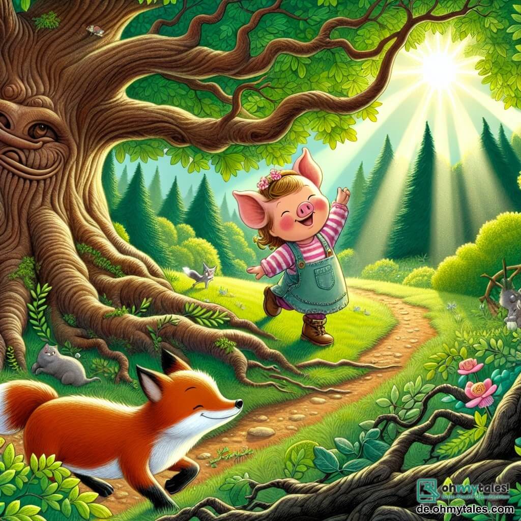 Une illustration destinée aux enfants représentant un charmant petit cochonnet, une fillette, qui explore joyeusement la forêt enchantée en compagnie d'une malicieuse renarde, sous le regard bienveillant d'un vieux chêne majestueux aux branches noueuses et au visage plein de sagesse, où les rayons du soleil filtrent à travers les feuilles verdoyantes, créant un jeu d'ombres et de lumière magique.