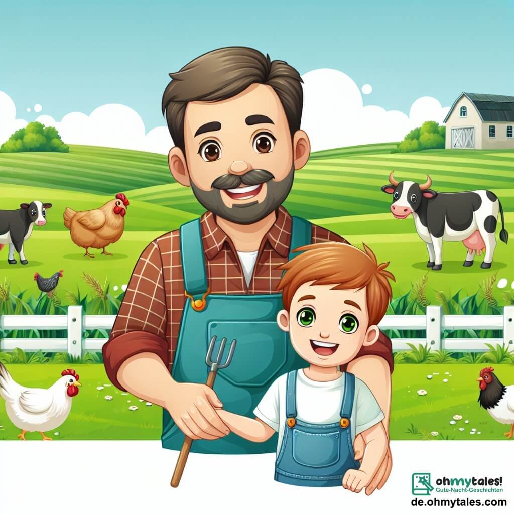 Une illustration destinée aux enfants représentant un homme aimable et souriant, accompagné d'un garçon curieux, travaillant ensemble dans une ferme pittoresque entourée de champs verdoyants, de vaches paisibles et de poules joyeuses.