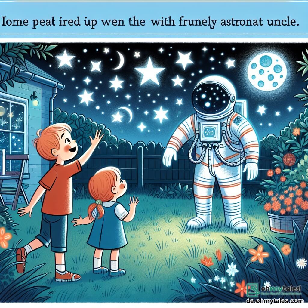 Une illustration destinée aux enfants représentant un jeune garçon émerveillé par les étoiles, accompagné de sa petite sœur curieuse, dans un jardin illuminé par la lueur des étoiles et de la lune, lors de la visite de leur oncle astronaute.
