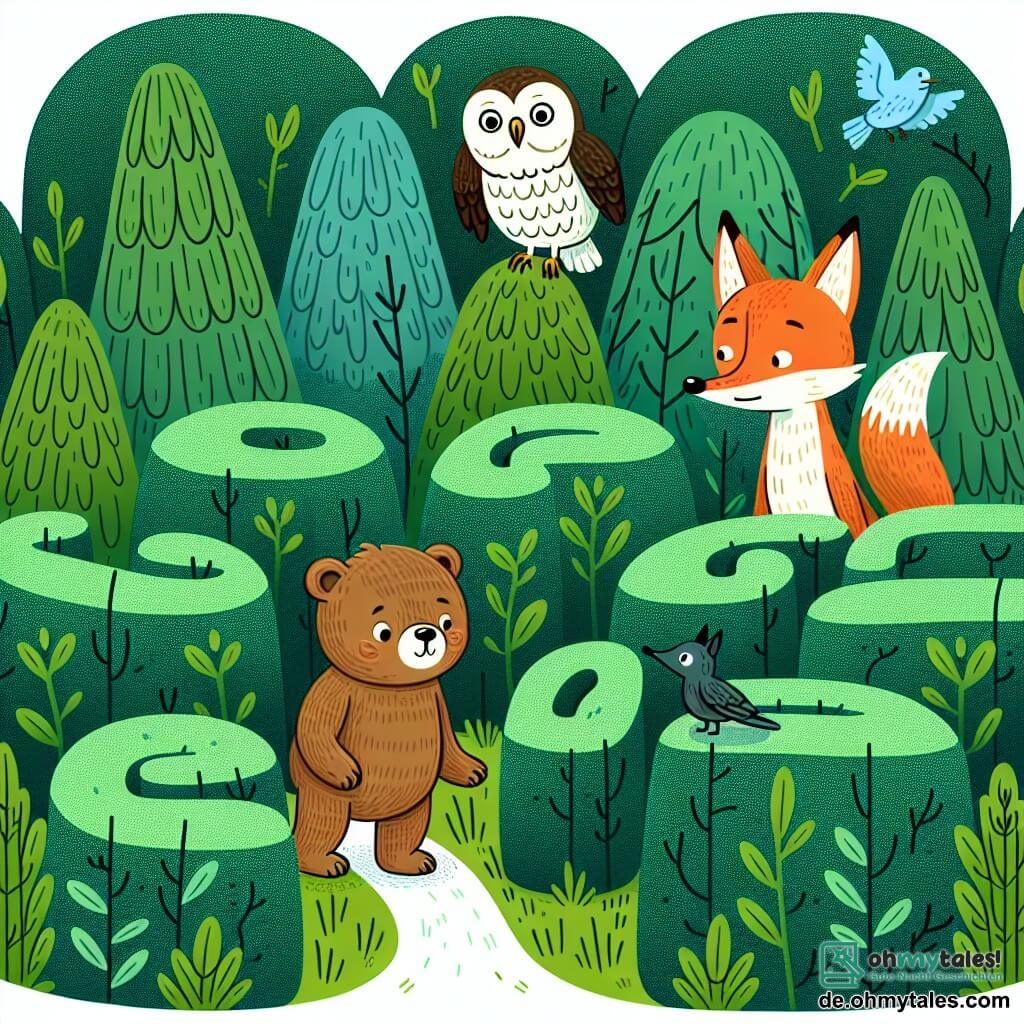 Une illustration destinée aux enfants représentant un petit ours curieux, une rencontre avec une sage chouette, un malin renard et un labyrinthe verdoyant aux hautes haies touffues, dans un mystérieux et magique bois enchanté.