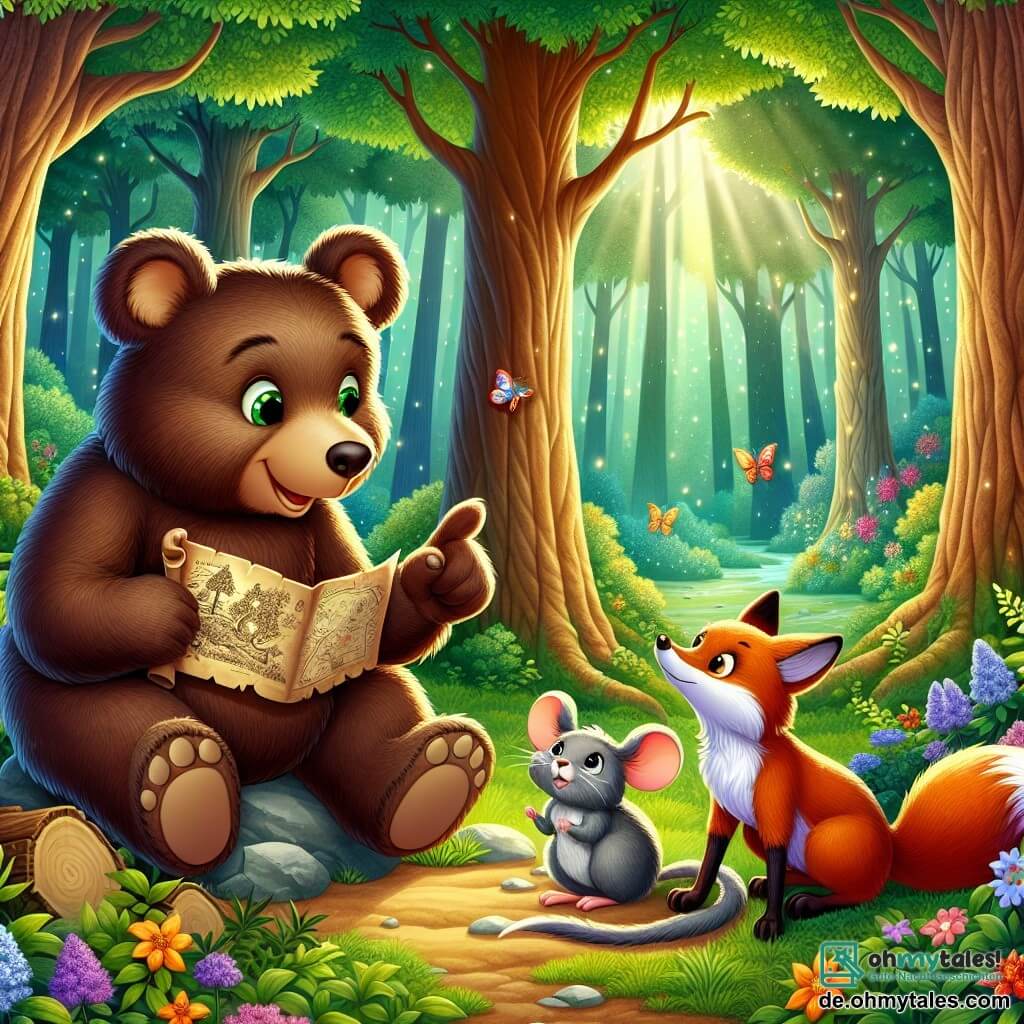 Eine Illustration zeigt eine verzauberte Szene in einem leuchtenden Wald, wo große Bäume mit dicken Stämmen in den Himmel ragen und ihre strahlend grünen Blätter die Sonnenstrahlen filtern. Im Zentrum dieser Szene sitzt ein brauner, sanfter Bär mit großen, neugierigen Augen auf einem Felsen und hält eine alte Karte in seinen Pfoten. Neben ihm schaut eine kleine Maus mit lebhaften Augen und grauem Fell, die große Ohren hat, fasziniert auf die Karte, während ein schlauer, feuerroter Fuchs mit einem schelmischen Lächeln näherkommt. Der Bär wirkt begeistert und zeigt auf einen Punkt auf der Karte, während die Maus und der Fuchs sich vielsagende Blicke zuwerfen, bereit für das Abenteuer. Im Hintergrund schwirren bunte Blumen und Schmetterlinge umher, was dieser Schatzsuche einen Hauch von Magie verleiht.
