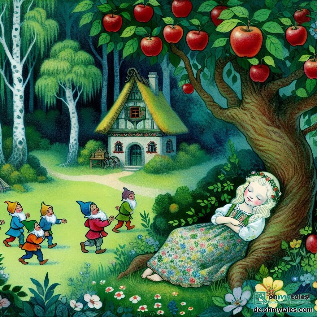 Une illustration destinée aux enfants représentant une jeune princesse au teint de porcelaine, endormie sous l'ombre d'un pommier enchanté, accompagnée de sept nains malicieux, dans une petite chaumière au cœur d'une forêt mystérieuse et verdoyante.
