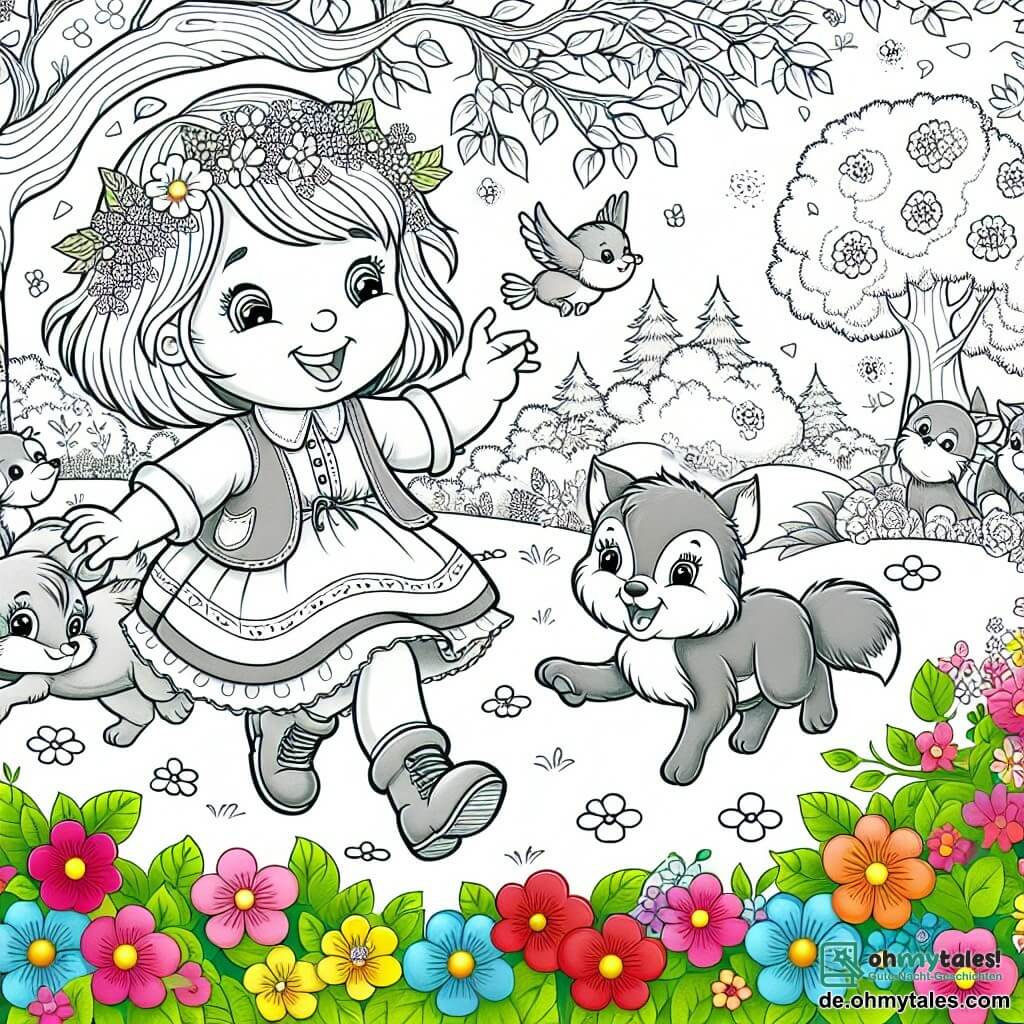Une illustration destinée aux enfants représentant une petite fille joyeuse découvrant un jardin enchanté au printemps, accompagnée de ses amis animaux, dans un jardin coloré rempli de fleurs et d'arbres en fleurs.