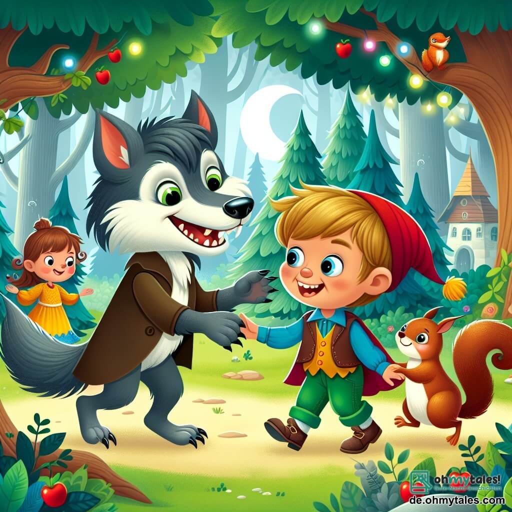 Une illustration destinée aux enfants représentant un loup-garou garçon rigolo se liant d'amitié avec une fillette espiègle et des Eichhörnchen malicieux lors d'une fête lumineuse et colorée dans le mystérieux et enchanté Wunderwald.