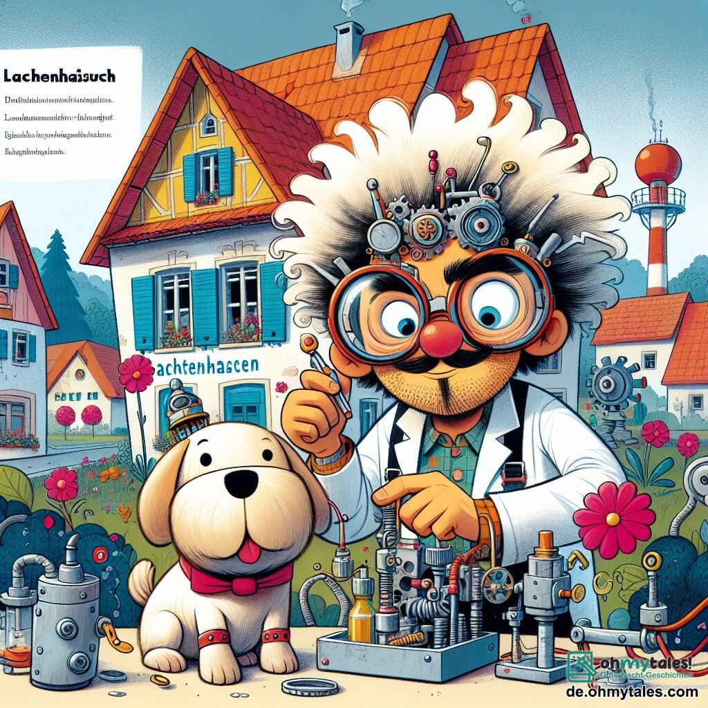 Une illustration destinée aux enfants représentant un homme excentrique aux cheveux sauvages et à la grosse lunette, créant une invention farfelue dans son laboratoire, accompagné de son fidèle robot-chien, Pfeffi, dans un petit village nommé Lachenhausen, où les maisons colorées et les jardins fleuris ajoutent une touche de magie à l'histoire.