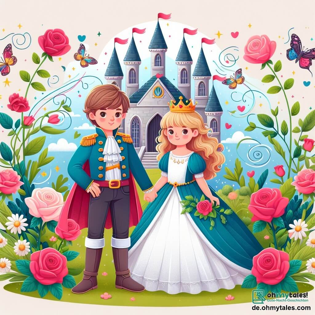 Une illustration destinée aux enfants représentant un jeune prince courageux se tenant aux côtés d'une belle reine des roses dans un château enchanté entouré de fleurs colorées et de papillons virevoltants.