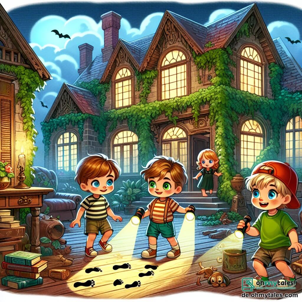 Eine Illustration zeigt eine alte, geheimnisvolle Villa, die mit Efeu bewachsen ist, mit staubigen Fenstern und knarrenden Holzläden. Im Inneren befindet sich ein großer, dunkler Salon voller alter Holzmöbel, staubiger Bücher und vergessener Spielzeuge, die auf dem Boden verstreut sind. Drei fünfjährige Jungen mit kurzen, zerzausten Haaren erkunden den Raum. Einer von ihnen, mit strahlend blauen Augen, trägt ein gestreiftes T-Shirt und Shorts, während ein anderer, mit einer roten Mütze, eine Taschenlampe hält, die die dunklen Ecken beleuchtet. Der dritte Junge, lächelnd, hat braune Haare und trägt ein grünes T-Shirt; er zeigt auf Fußabdrücke auf dem Holzboden. In einer Ecke versteckt sich ein fünfjähriges Mädchen mit langen blonden Haaren und traurigen Augen hinter einem Vorhang, ihre Wangen sind von Tränen nass. Sie schaut die Jungen hoffnungsvoll an, während sie sich mit freundlichen, beruhigenden Gesichtern nähern. Die Atmosphäre ist sowohl faszinierend als auch warm, mit tanzenden Schatten, die durch das Licht der Taschenlampe entstehen, und alten Spielzeugen, die vergessene Geschichten erzählen.
