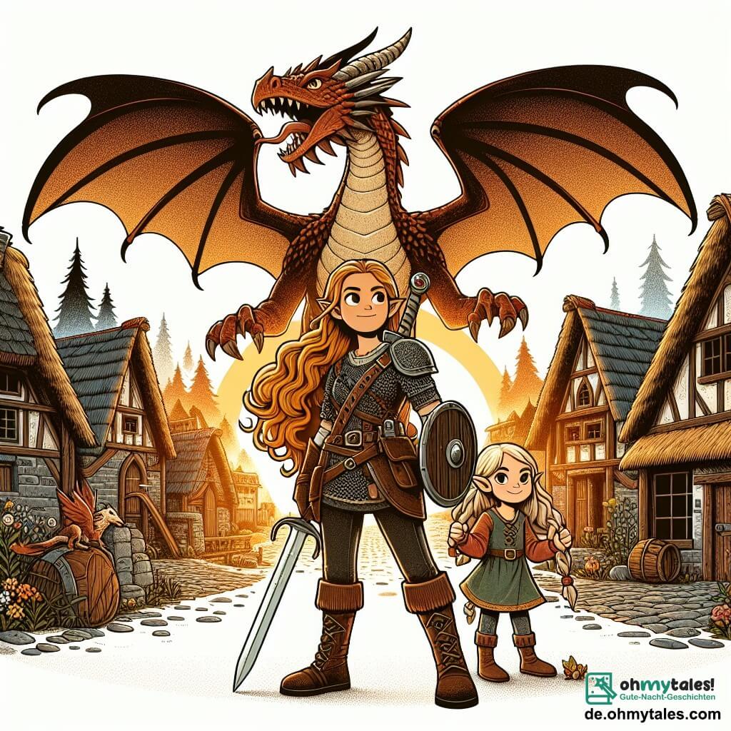 Une illustration destinée aux enfants représentant une courageuse jeune femme guerrière se tenant fièrement devant un imposant dragon cracheur de feu, accompagnée d'une petite fille elfe aux longues boucles dorées, dans un paisible village médiéval aux toits de chaume et aux ruelles pavées, baigné par la lumière dorée du soleil couchant.