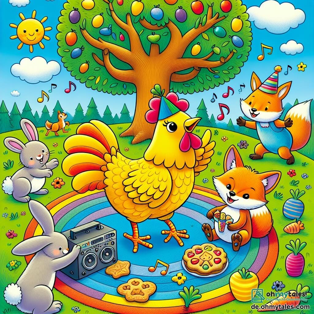 Une illustration sous forme de dessin destinée aux enfants représentant un grand arbre coloré au milieu d'une prairie ensoleillée, avec une poule au plumage jaune éclatant et un drôle de chapeau de fête, dansant joyeusement au centre, entourée d'un renard rusé aux yeux malicieux qui joue de la musique avec un petit haut-parleur, et d'un lapin aux grandes oreilles qui sert des biscuits en forme de carotte, le tout capturant l'esprit d'une fête animée où les animaux s'amusent ensemble sous un ciel bleu parsemé de nuages blancs.